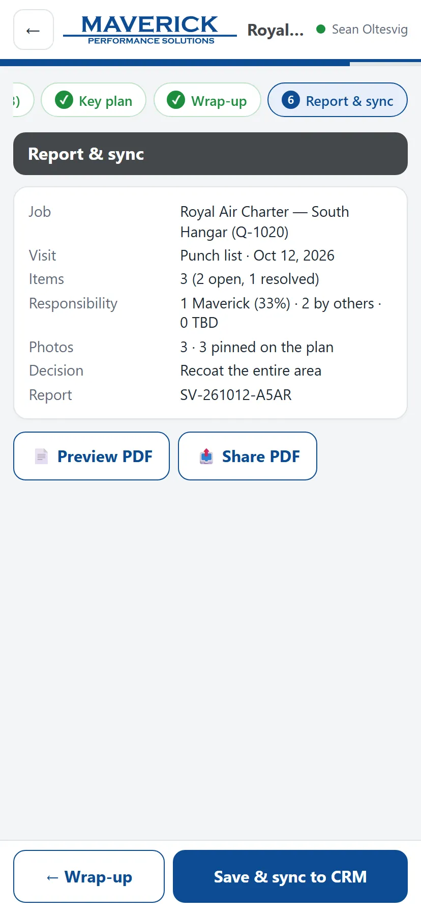 Report and sync screen