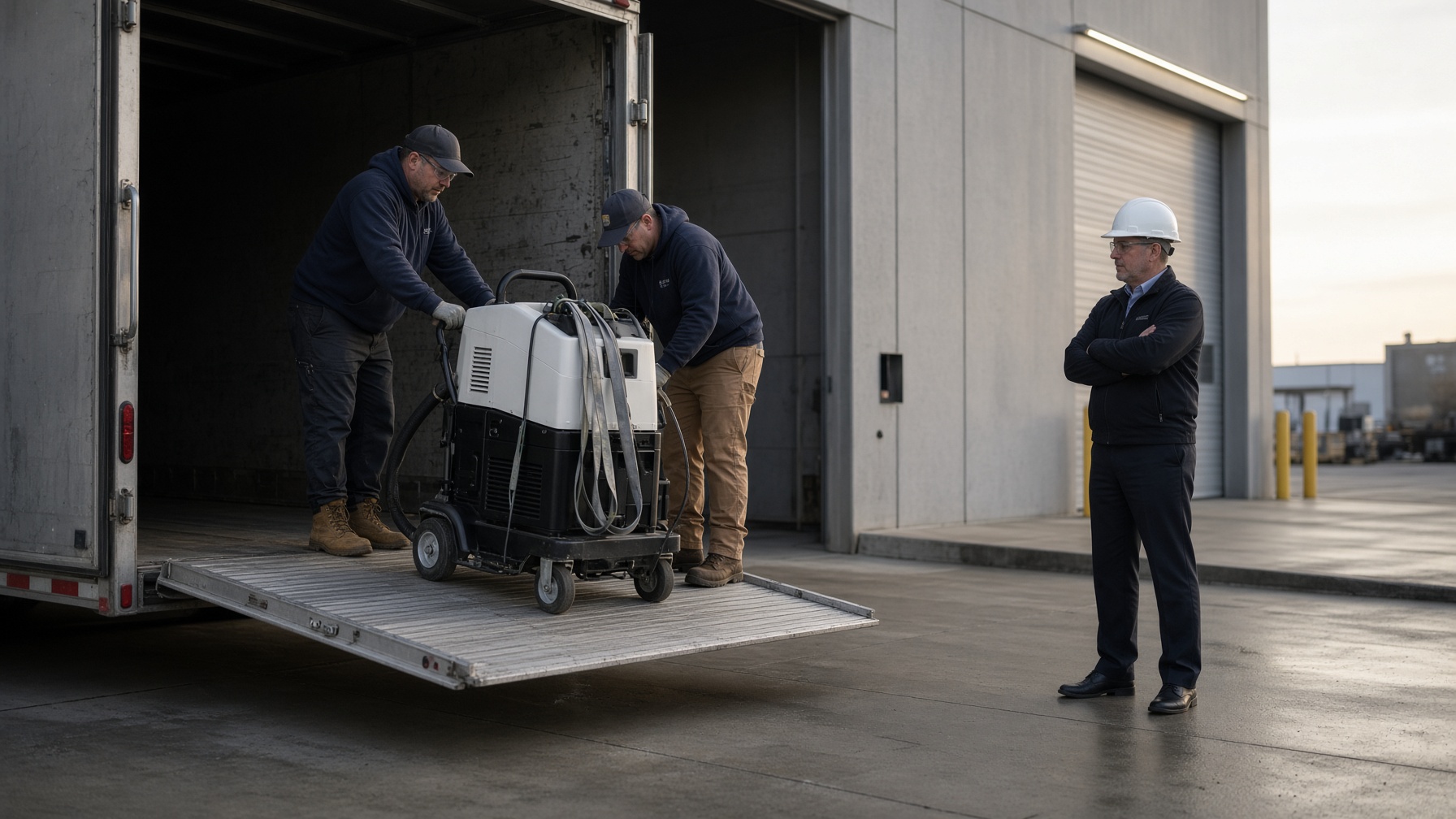 Crew unloading clean, undented equipment at a plant dock while a manager looks on